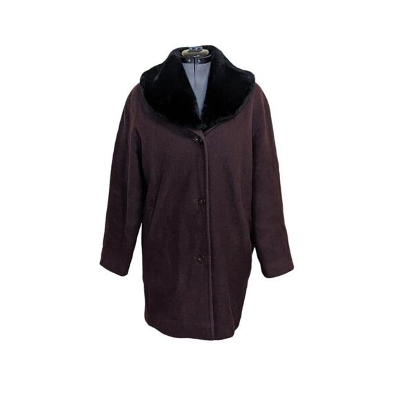 Vintage Kristen Blake Wool Fur Trimmed Burgundy Button Pea Coat Size S - Picture 1 of 14
